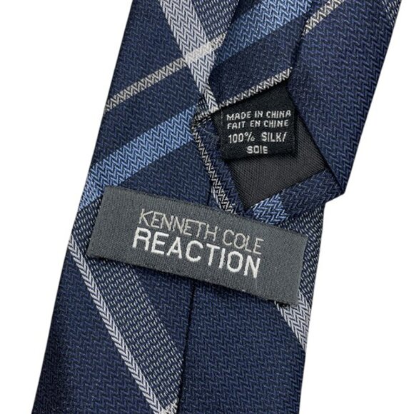 Kenneth Cole Reaction Silk Tie Plaid Blue Gray - Picture 4 of 6
